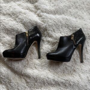 Michael Kors Black Snake-Print Platform Ankle Booties with Gold Zippers